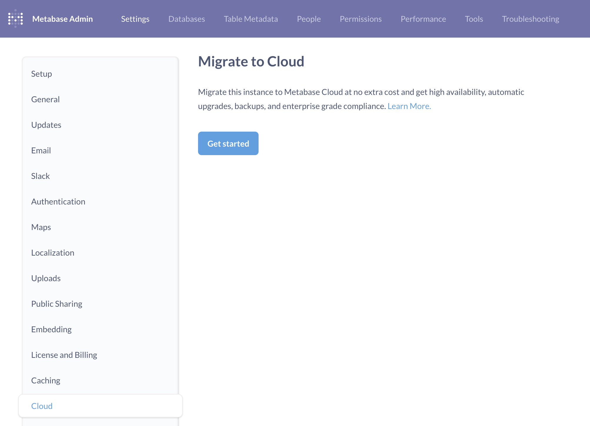 Migrate to Metabase Cloud button