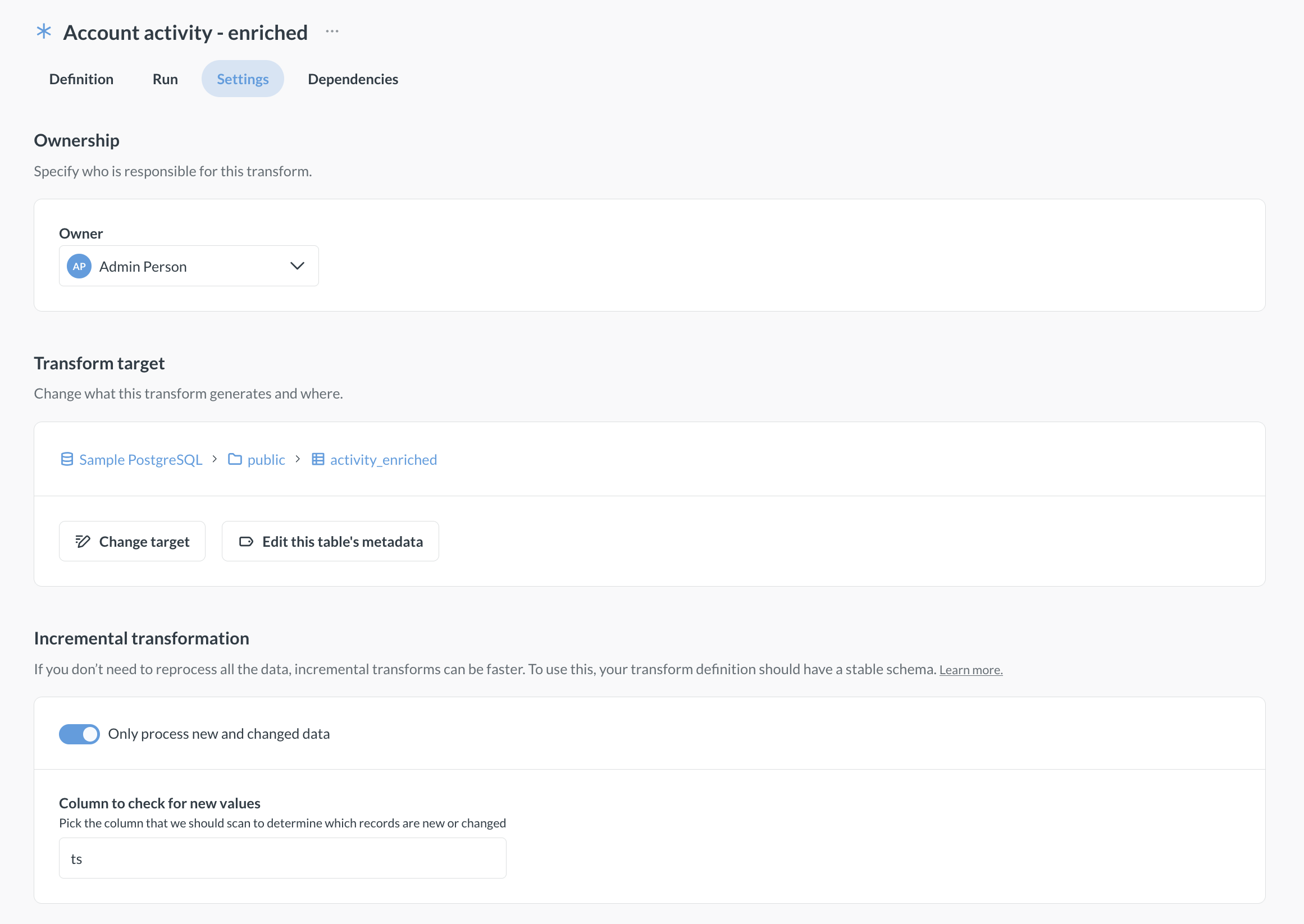Edit transform settings