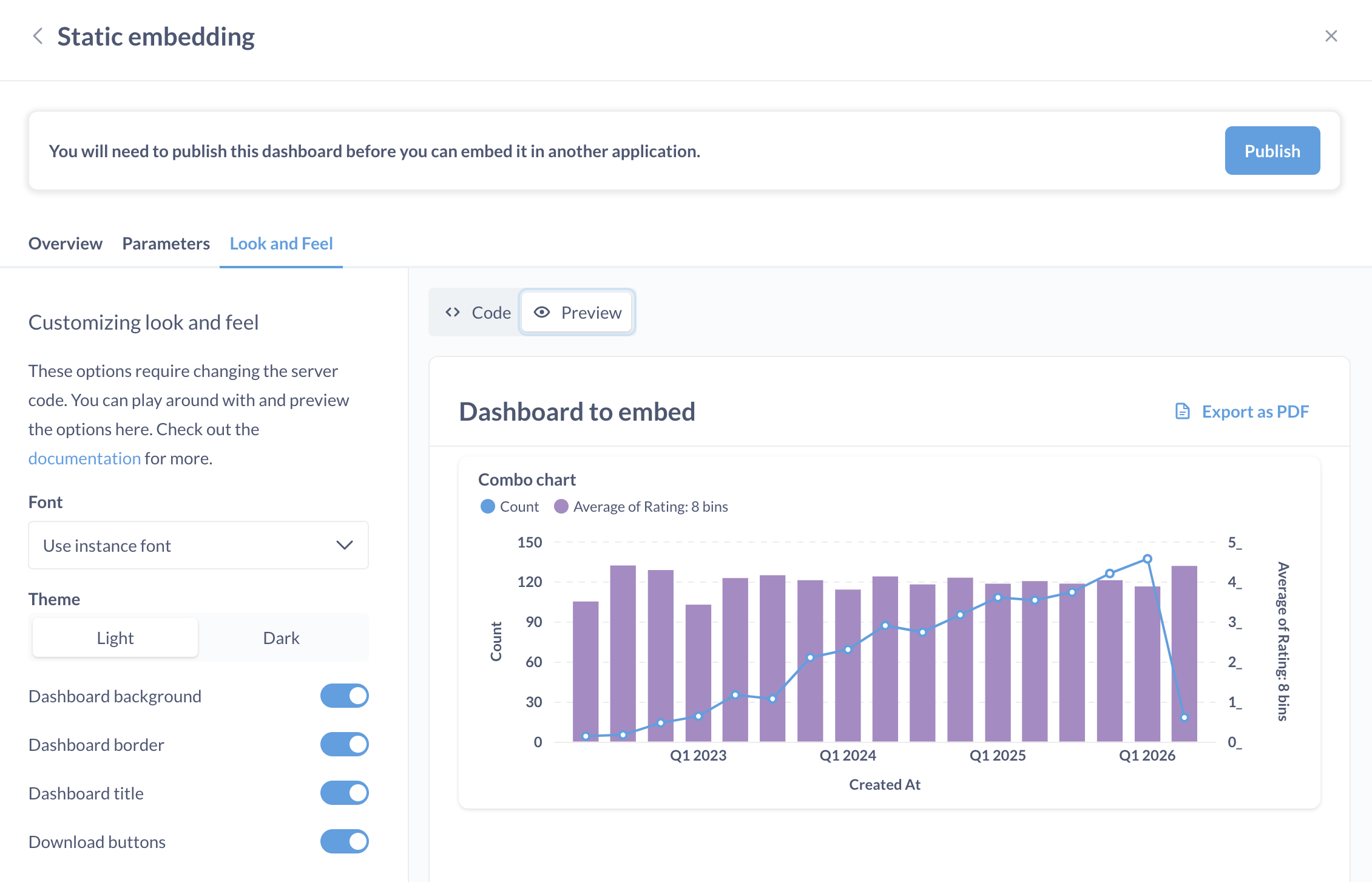 Look and feel: appearance settings on static embed