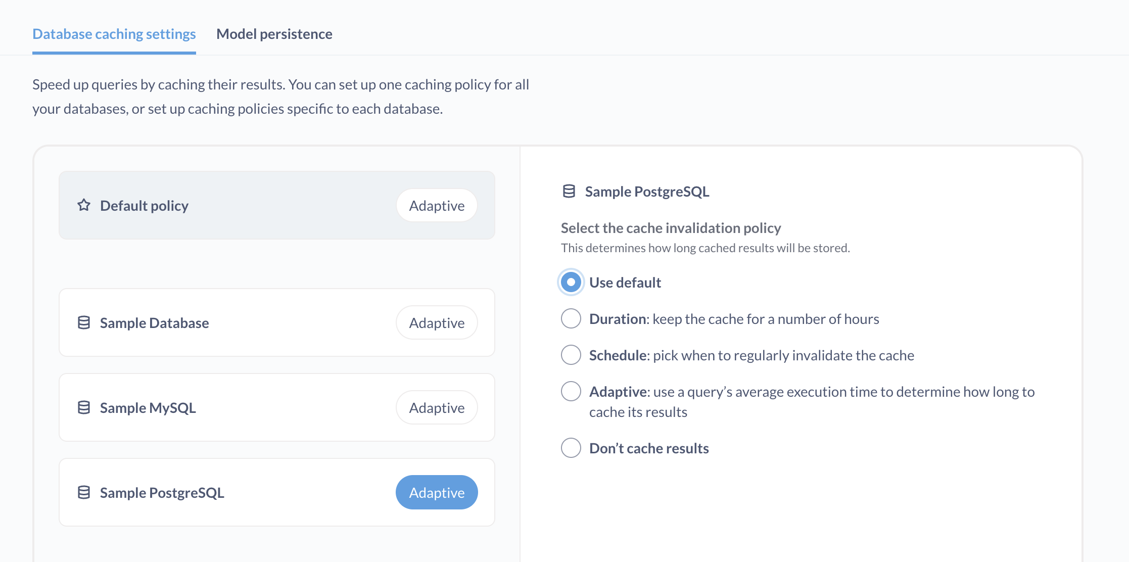 Database caching settings in the Admin settings under the Performance tab