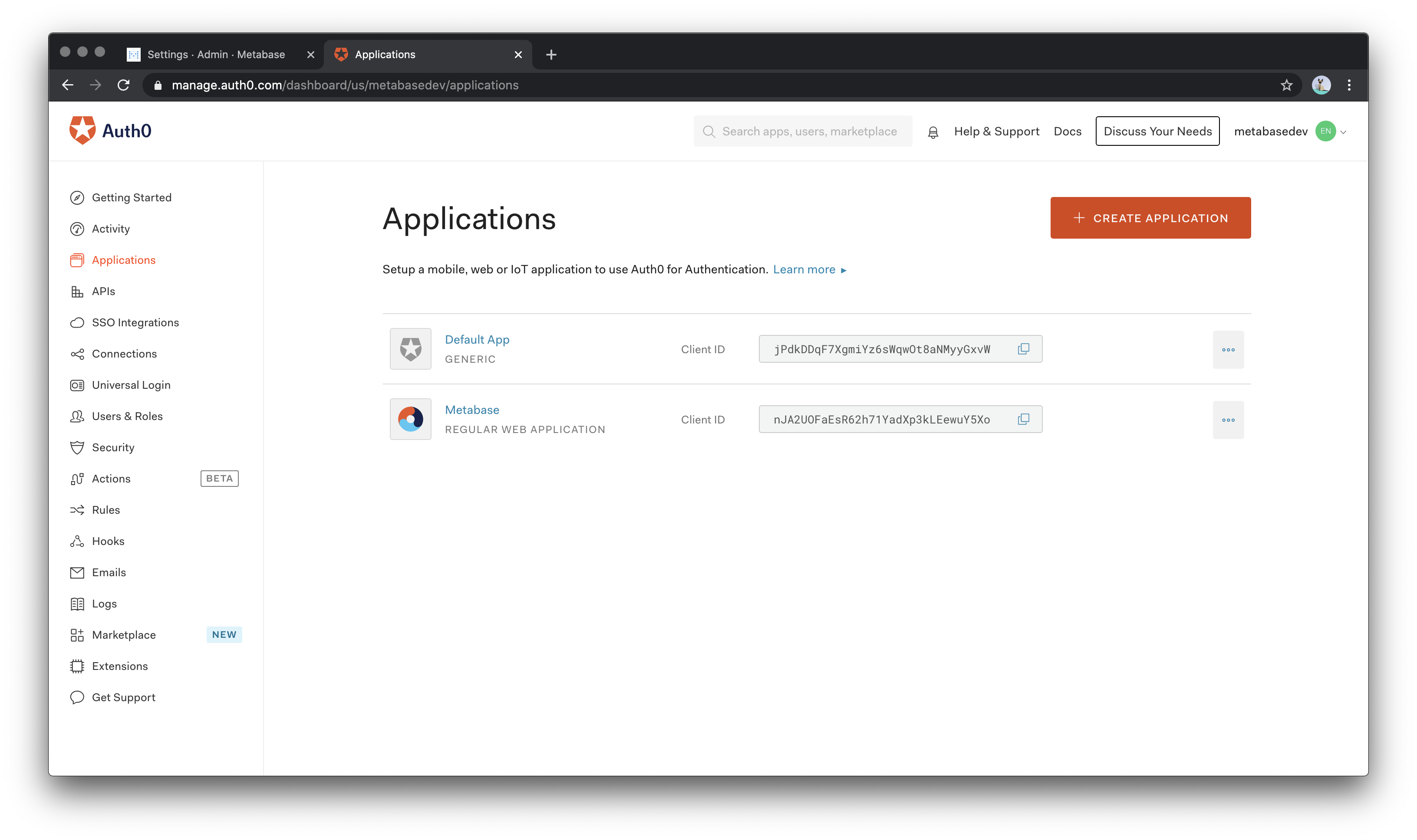 Auth0 Applications Page