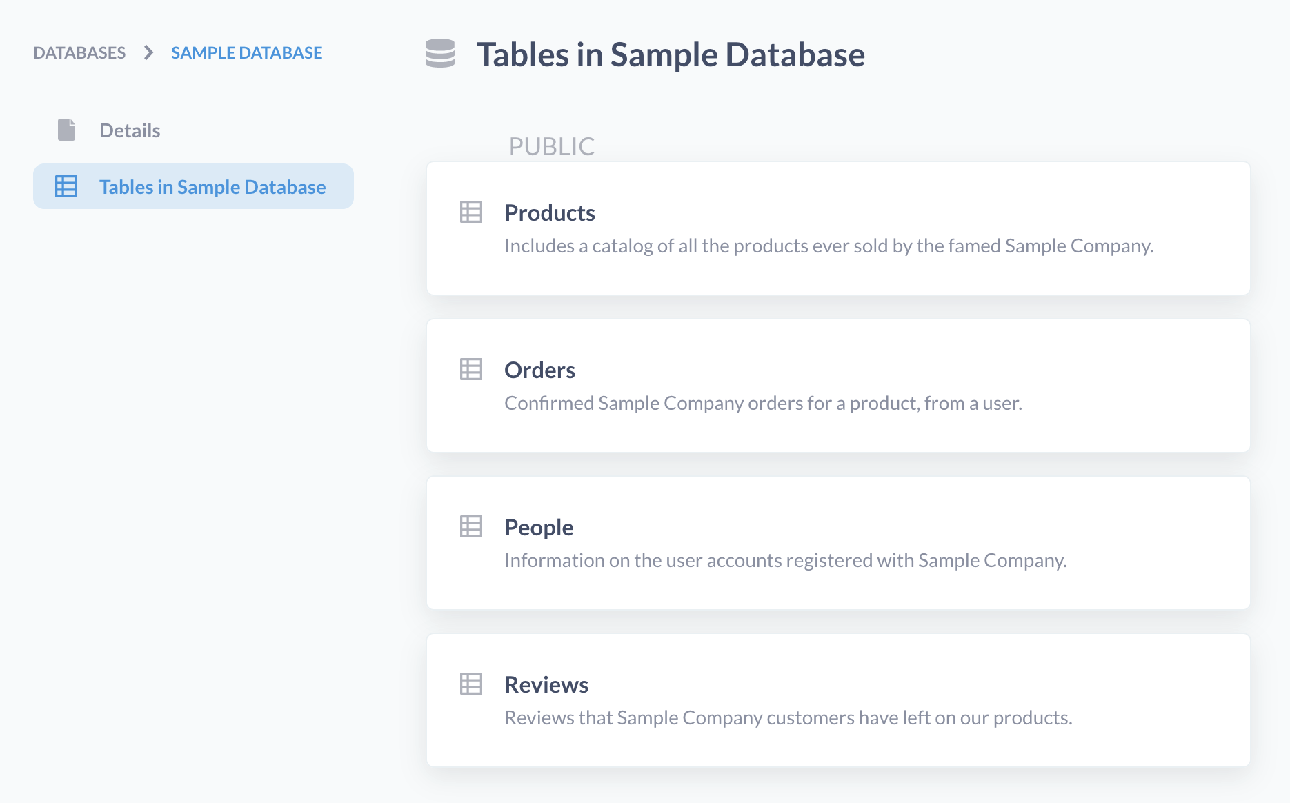 <em>Fig. 1</em>. Metabase's Sample Database (a relational database) contains four tables: <strong>Products</strong>, <strong>Orders</strong>, <strong>People</strong>, and <strong>Reviews</strong>.