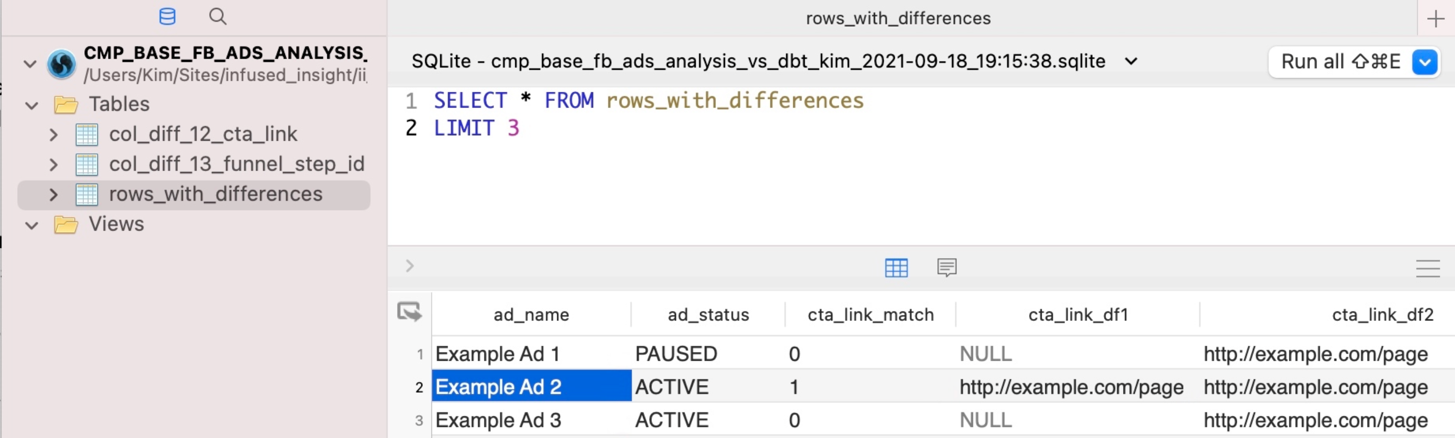 a screenshot with a query on the rows with differences table