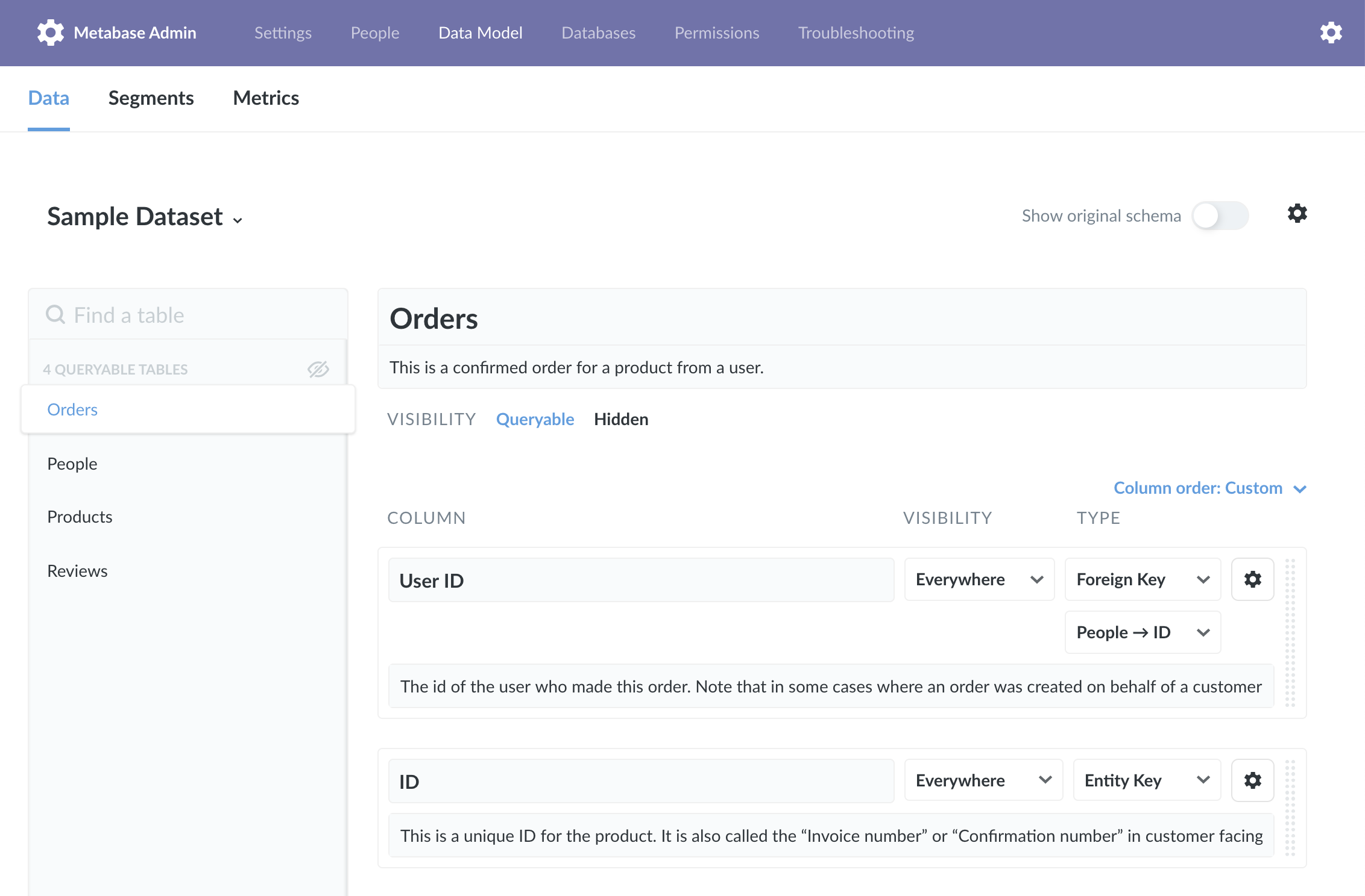 Data, Segments, and Metrics tabs in the Data Model section.