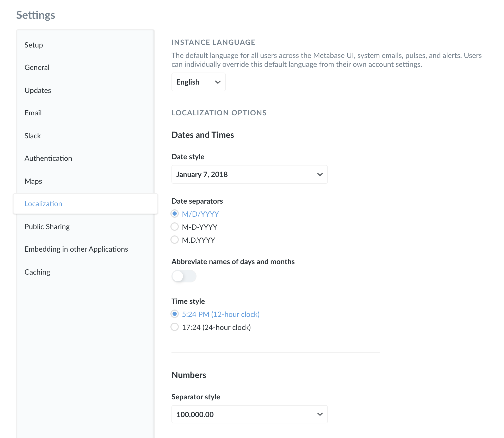 Localization settings in the Settings tab.