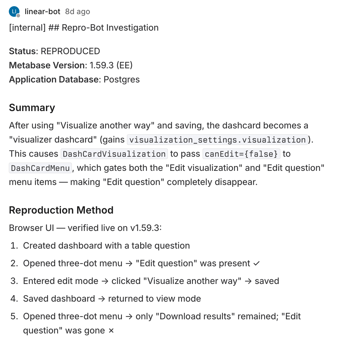 Repro-Bot reproducing an issue with a summary and reproduction steps