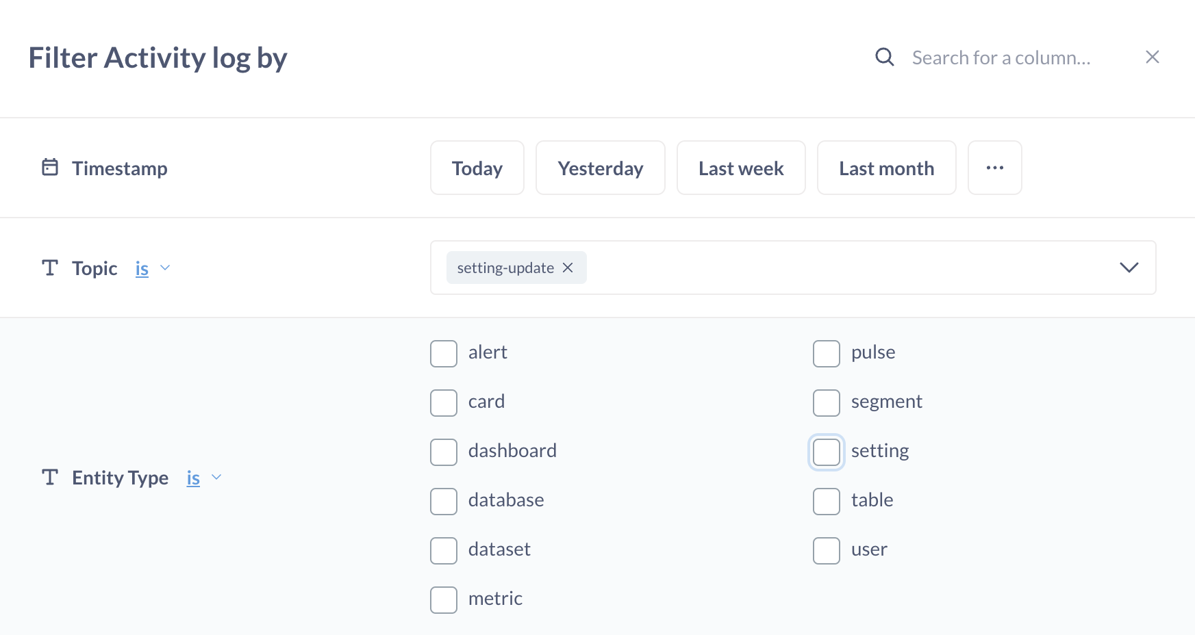 Filtering on setting-update for the activity log model