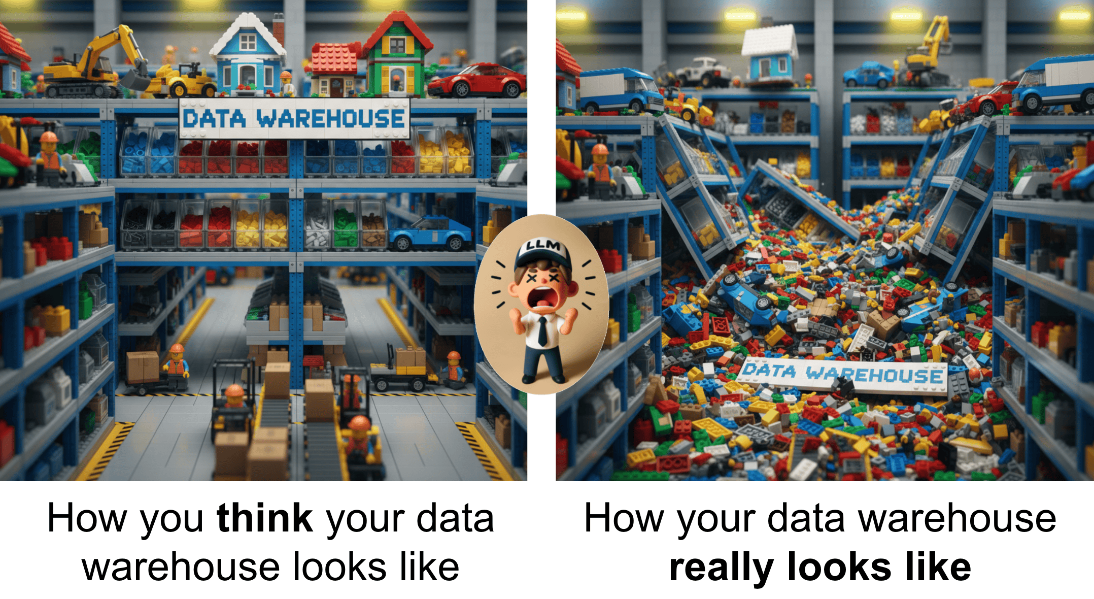 The imagined clean and simple data warehouse we like to imagine on the left, the broken chaos that is often the reality on the right