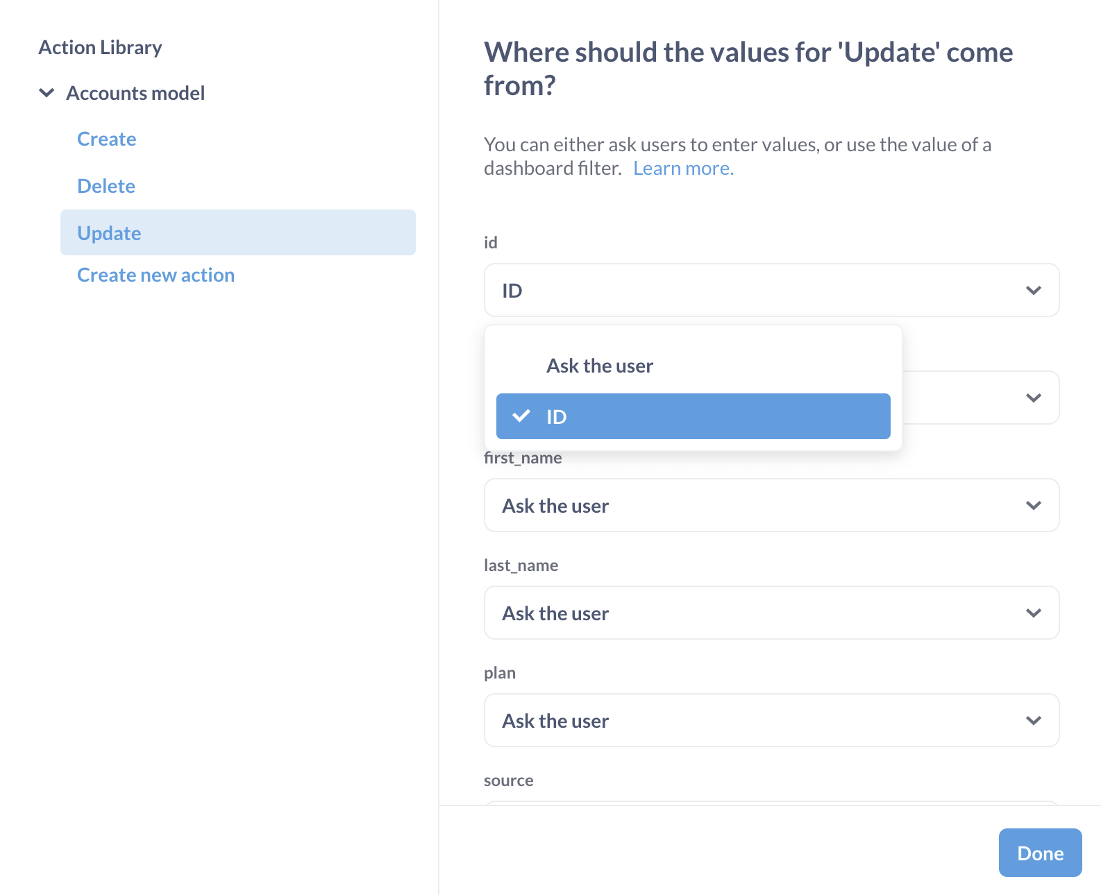 Setting the ID field to get the value from the ID filter on the dashboard.