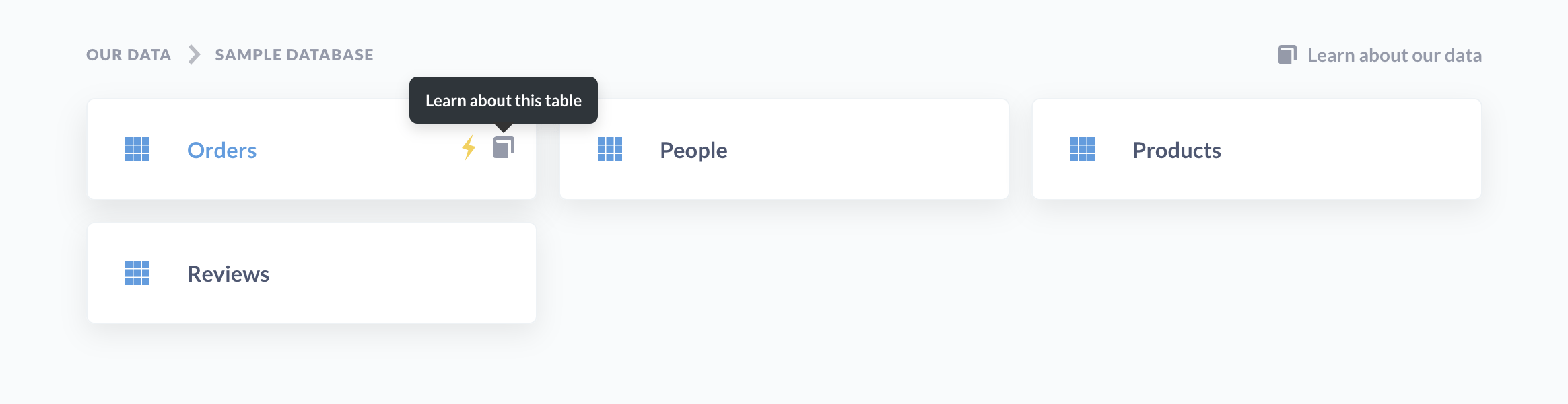 View information about your data by clicking on Browse Data from the top navigation bar, selecting your database---in this case, Sample Database---clicking on the information icon next to a table, and clicking on the book icon to learn about this table.