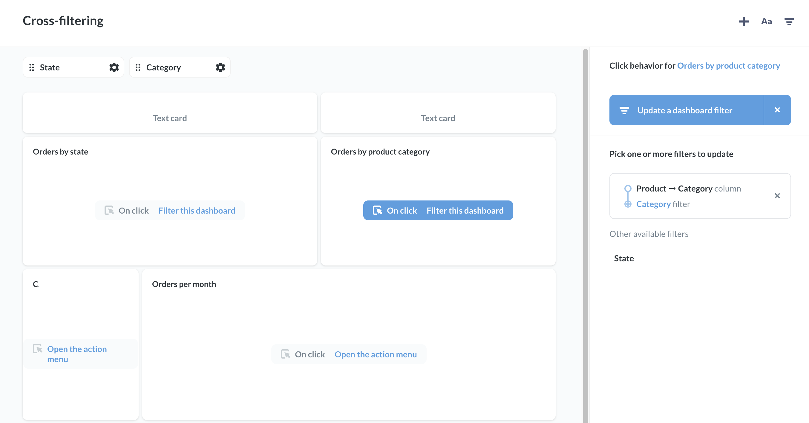 Summary of click behavior for Orders by Product Category: update the dashboard