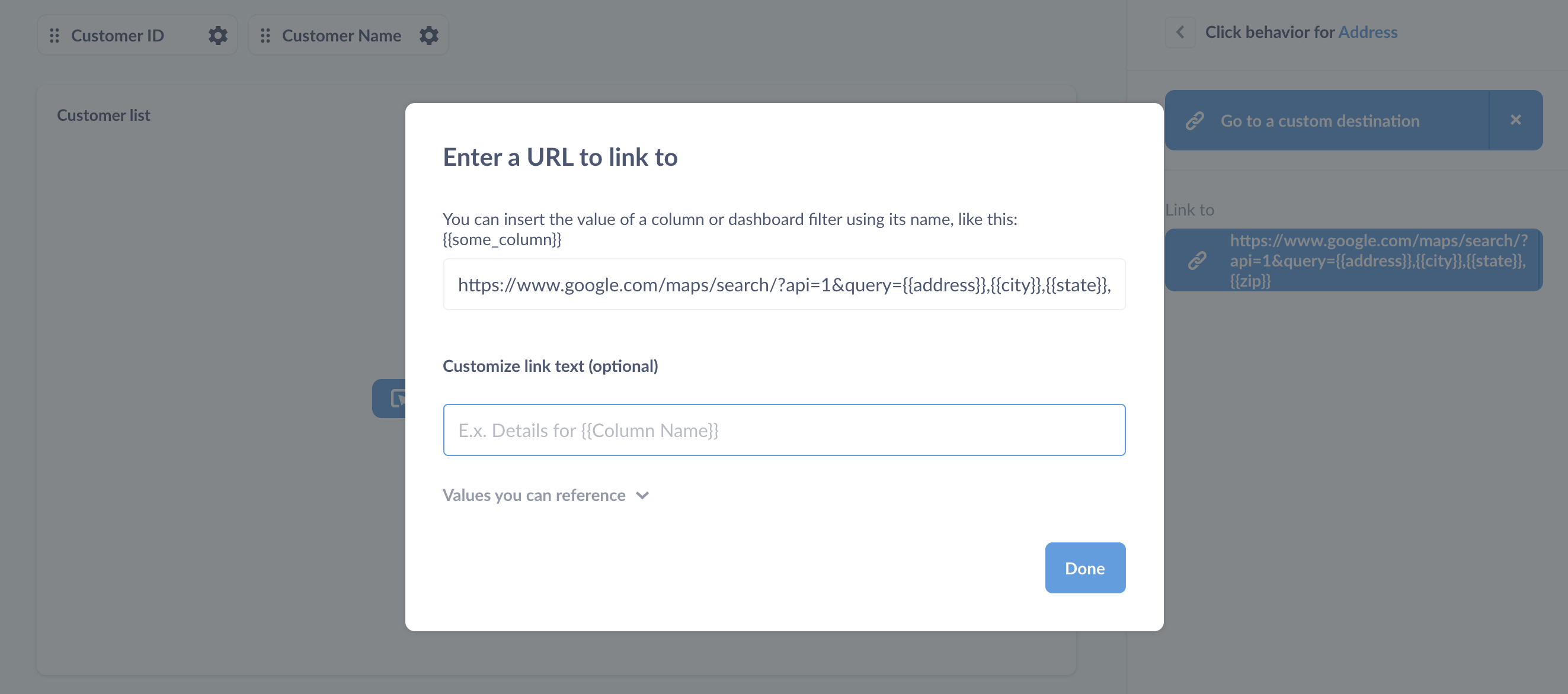 Setting up the click behavior for the address column to send people to an external URL.