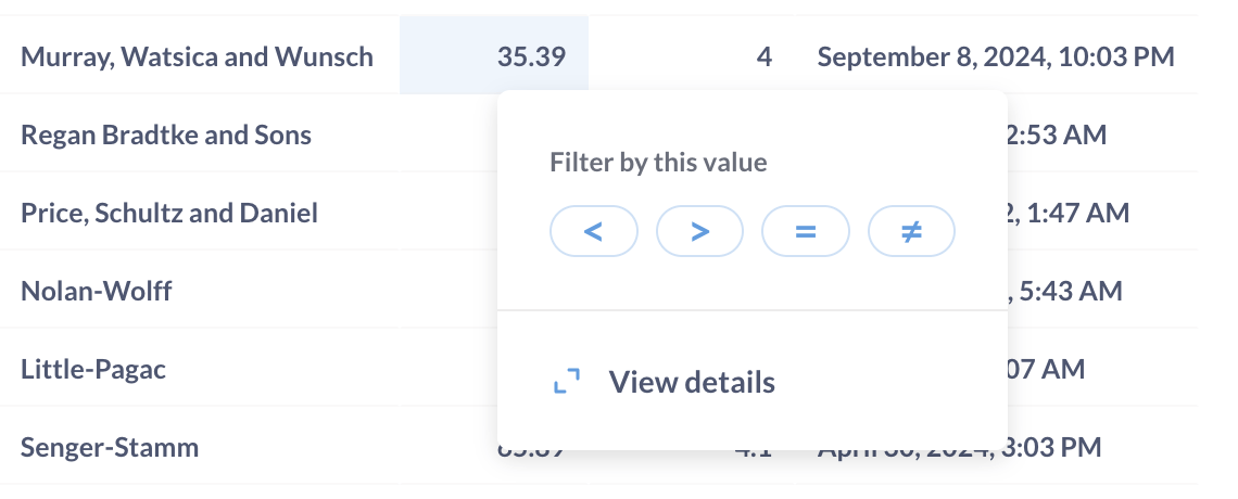 Table cell with a filter popup