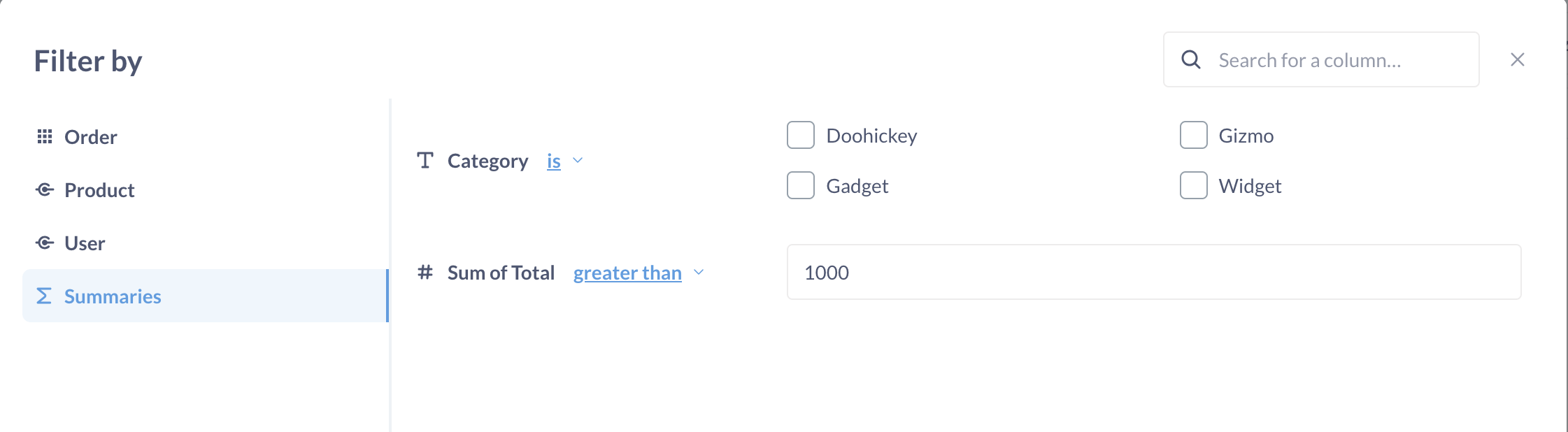 Filter summary in modal