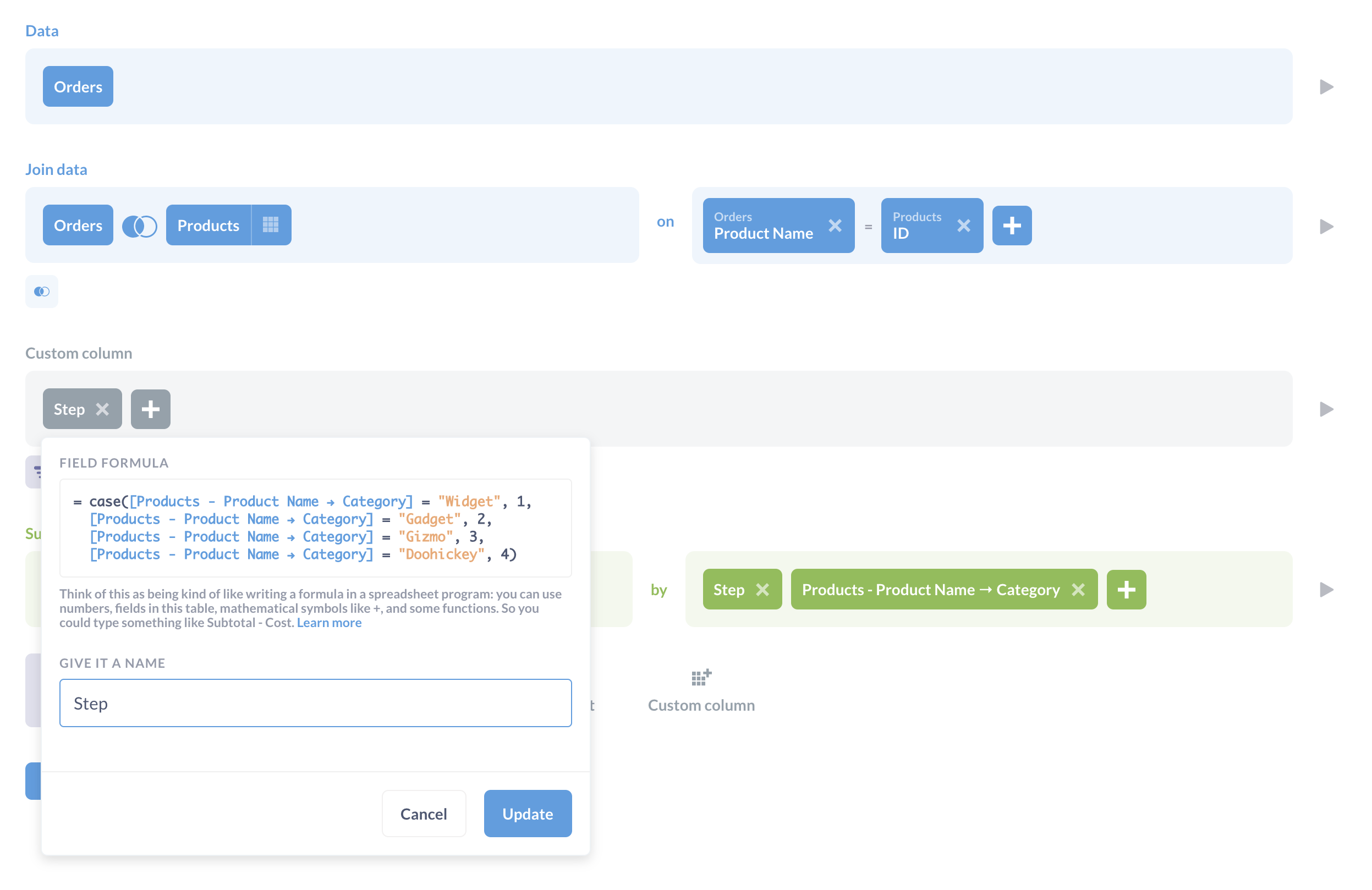 Creating a custom column using a custom expression to specify the order of steps in the funnel.