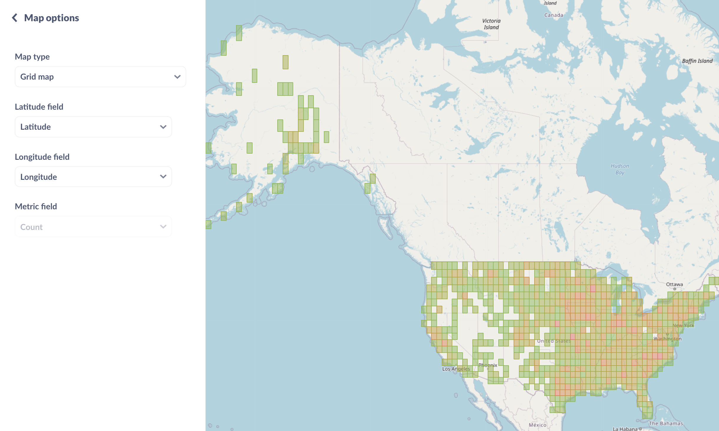 A grid map with coordinates binned by 1 degree.