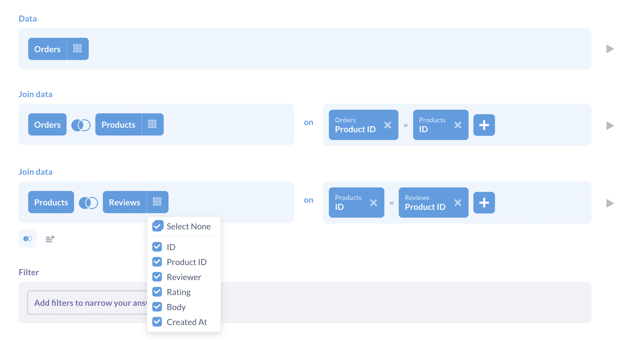 Selecting columns in the Query Builder.