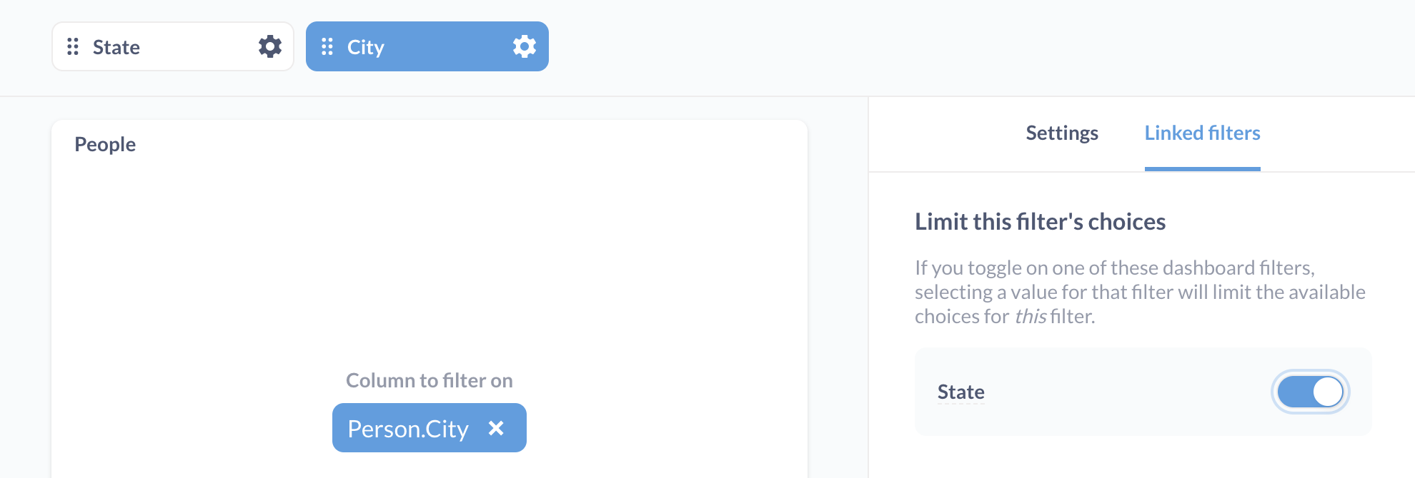 Limit the City filters choices based on values selected for the State filter.