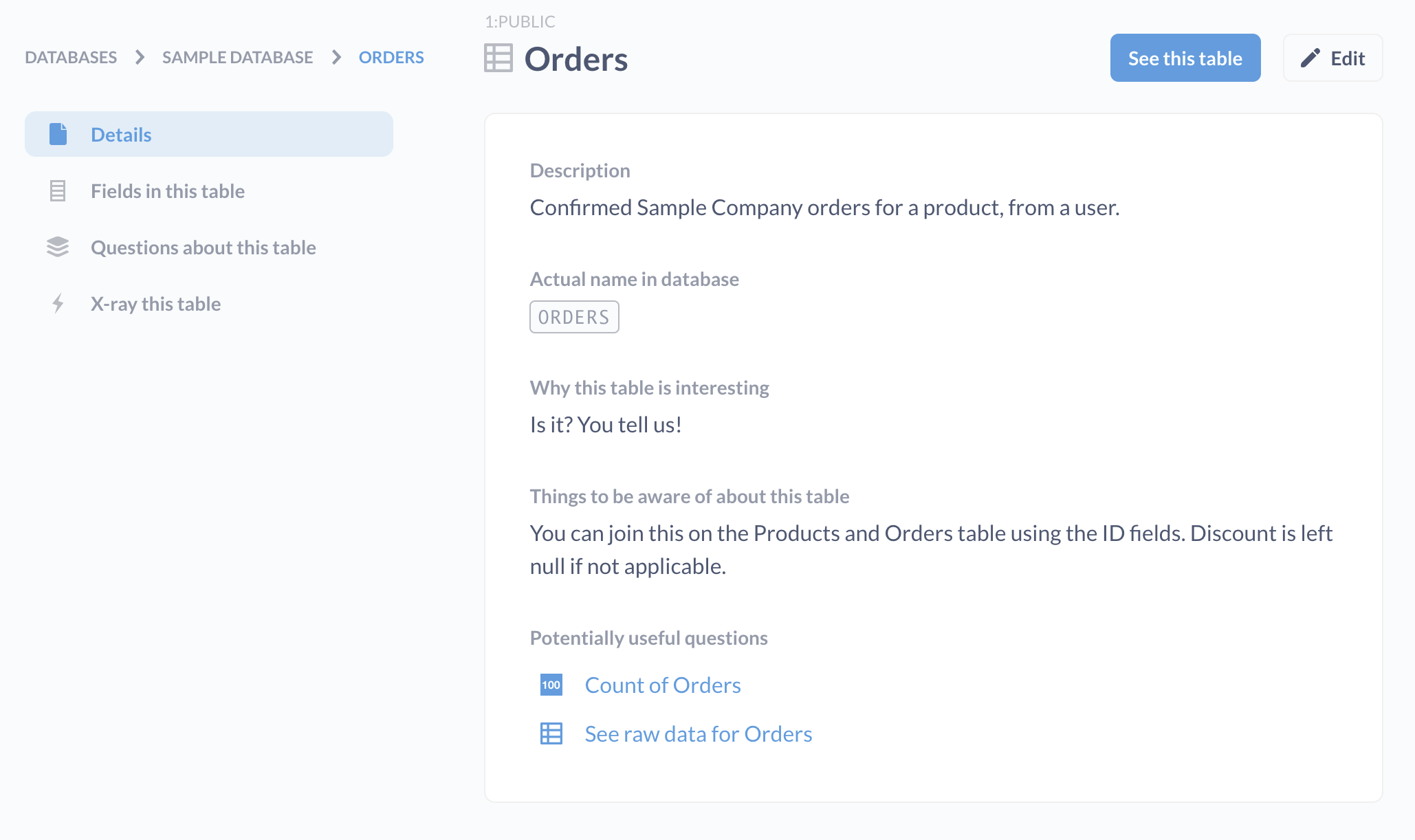 You can include helpful context for tables in the data reference section.