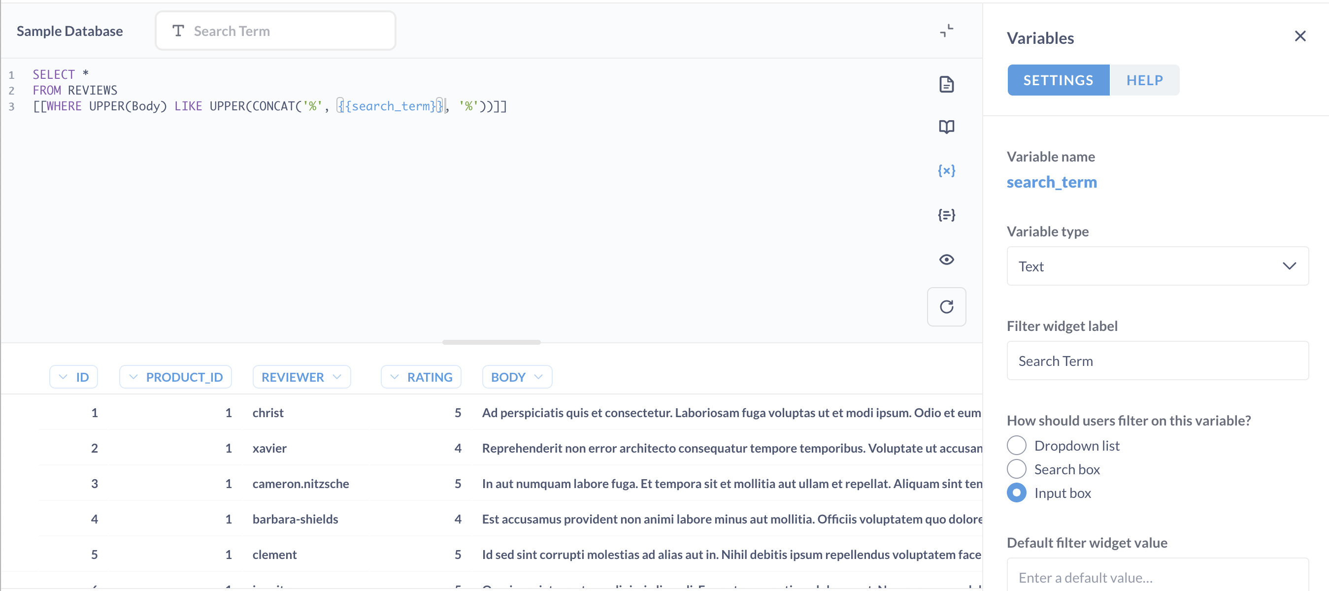 The SQL Editor with the example query typed into the SQL text area.