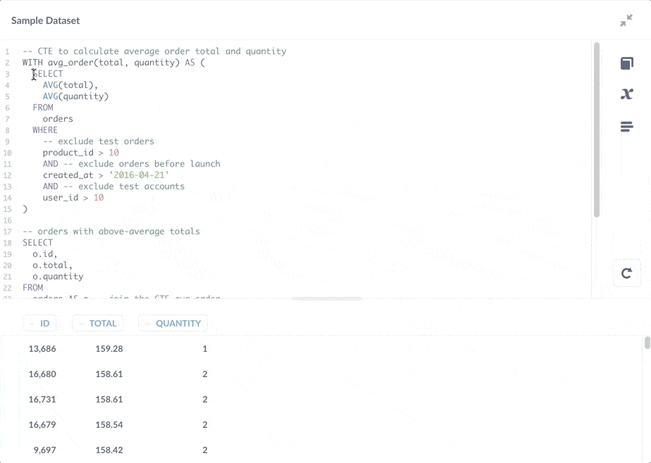 Highlighting part of a query in a CTE and running the selection to see its results.