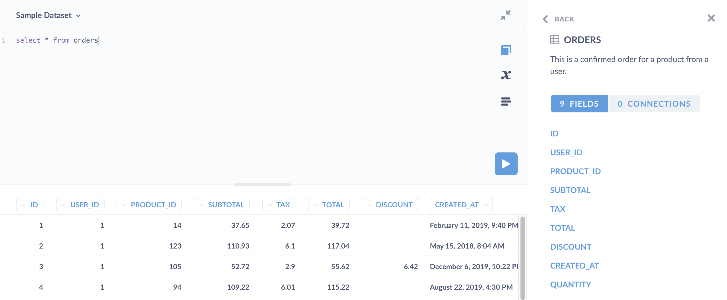 A handy data reference tab shows information about your tables in the sidebar.