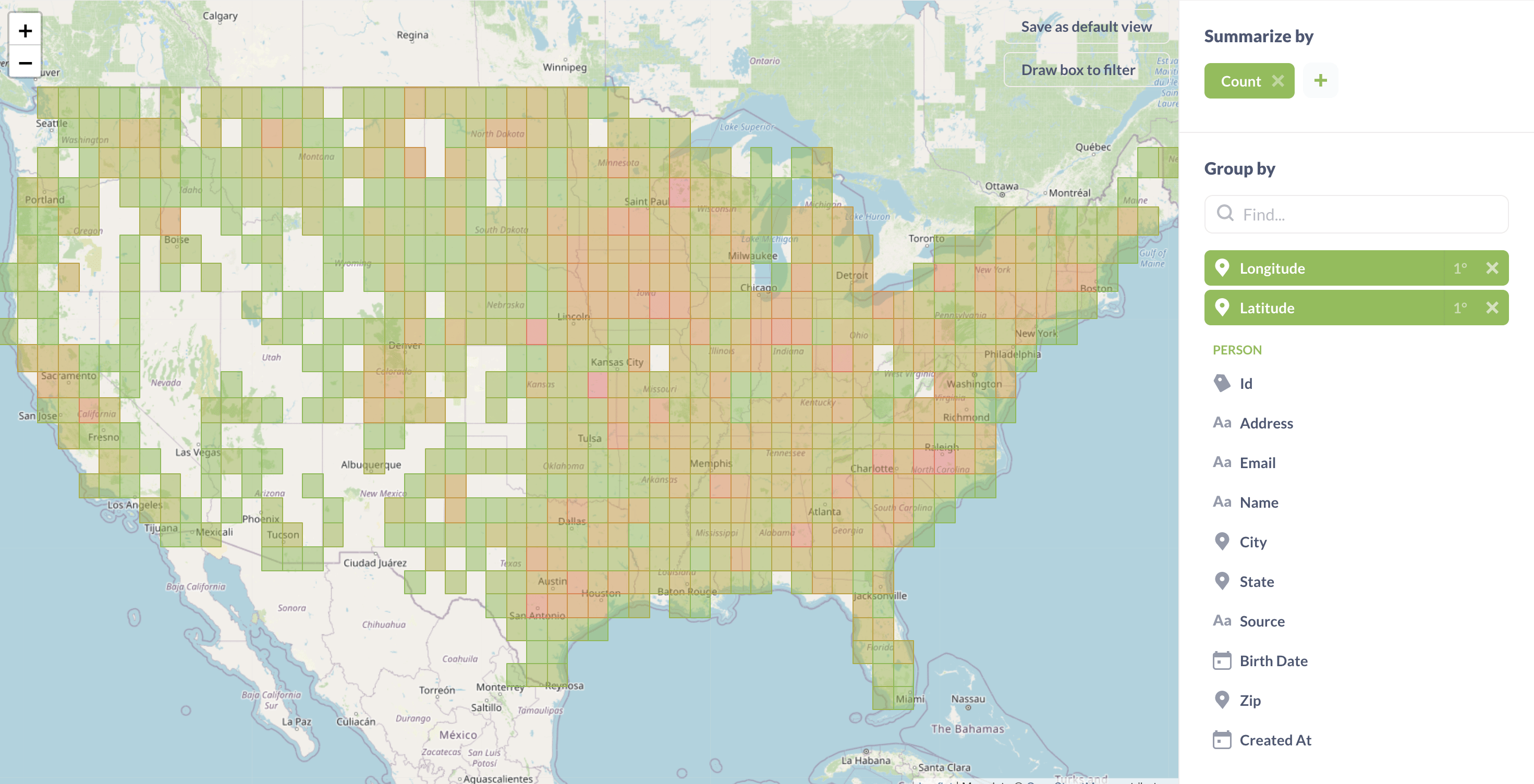 Creating a grid map from the People table by binning latitude and longitude by one degree.