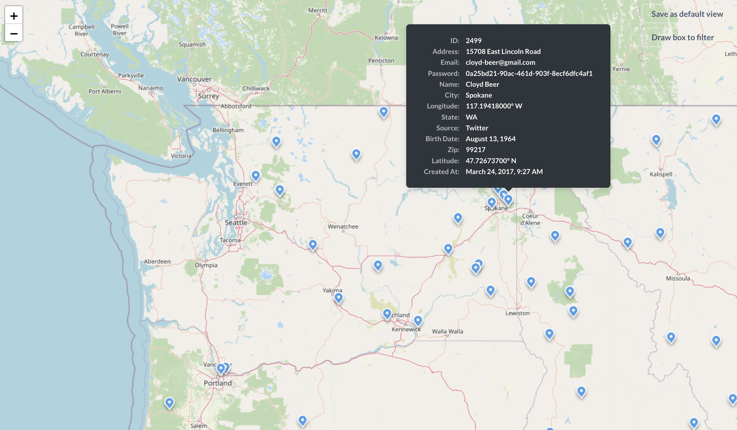 Example of a pin map made from the people table. Hovering over one of the pins is revealing additional information about the person represented by the pin.